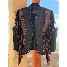 Diamond Plate Genuine Leather Fringe Western Biker Vest 2X Black Brown Studded picture