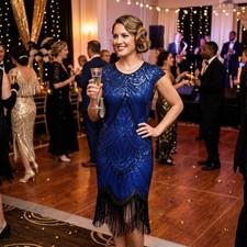 Fundaisy Royal Blue Black Sequin Flapper Dress 1920s Gatsby Fringe Cocktail M picture