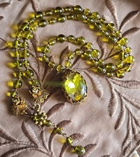 Vtg. Miriam Haskell Green Beaded Pendant Necklace Goldtone  picture