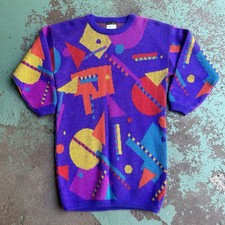 Vintage 80’s 90’s Womens Espirit Ugly Acrylic Sweater Geometric Shapes - Tall M picture