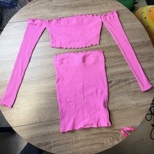 Pink Ribbed 2 Piece Set Off Shoulder Crop Top Mini Skirt Lettuce Edge Small picture
