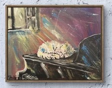 Shafer Original 12x16 Expressionist Colorful Cat On Piano Painting Signed Canvas picture