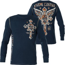 Xtreme Couture AFFLICTION Men's Thermal M/2XL SOLDIER OF FAITH Biker Wings Blue picture