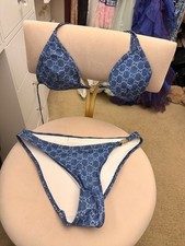 Blue GG Denim Print Bikini Set with Gold Logo Accents picture