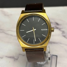 Nixon Watch Mens Gold Tone The Time Teller Minimal Brown Leather Band Works picture