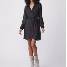NEW PAIGE Sevilla Above The Knee Tie Waist Wrap V Neck Dress in Black picture