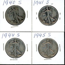 1940-S,1941-S,1944-S,1945-S US Walking Liberty Silver Half Dollar (4) Coin Lot a picture