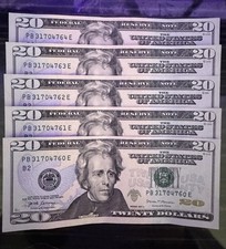 Lot of 5 Consecutive Serial Numbers $20 Bills UNC Crisp-Uncirculated 60E-64E picture
