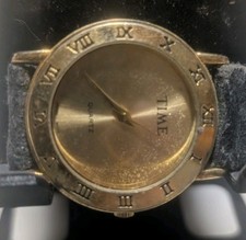 Unused Vintage Time Quartz Watch Men Gold Tone White Leather Analog New Battery picture