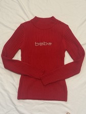 bebe Rhinestone Logo Ribbed Mock Neck Sweater Y2K Style Red NWT Size S picture