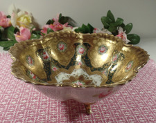 ANTIQUE NIPPON GOLD Three Footed Hand-Painted Floral Bowl  