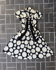 Vintage 1940s Black White Polka Dot Dress Short Sleeve Bow Neck Pinup Medium picture