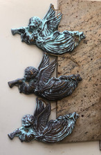 Trio of Vintage Bronze Cherub Angels with Trumpets, Ornaments, Verdigris Patina picture