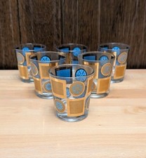 VTG Culver Carnival Rocks Glasses Set-6 Blue Turquoise Gold MCM Atomic Barware picture
