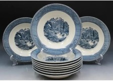 Set of 9 Currier Ives Rimmed Soup Bowls Imperial Blue Early Winter 8 1/2