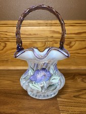 Fenton Opalescent Purple Basket Hand Painted Flowers Signed - Twist Handle picture