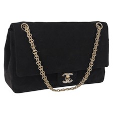 CHANEL Matelasse Chain Shoulder Bag Cotton Black Gold CC Auth bs36504 picture