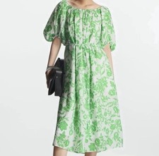 NEW COS Midi Dress Green Floral Print Size 8 Puff Sleeves Pockets Summer picture