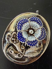Antique Biedermeier Brooch Pin Blue White Enamel Flower & Pearl German picture