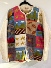 VINTAGE PLANET EARTH IMPORTS WOOL PATCHWORK CARDIGAN Women's Size L/XL picture