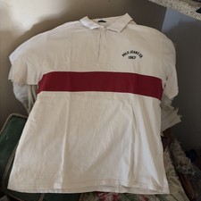 VINTAGE RALPH LAUREN MENS L. COTTON POLO SHIRT WHITE WITH RED HORIZONTAL STRIPE picture