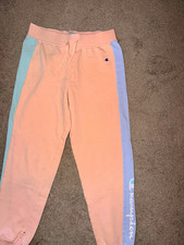 Champion Women’s XL Pink Fleece Jogger Pants Logo Blue Stripe Drawstring picture