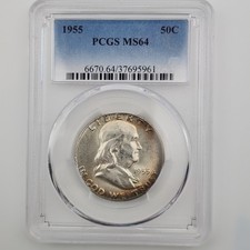 1955 P Franklin Half Dollar 50c Key Date Choice PCGS MS64 Album Toning SB3Ckw picture