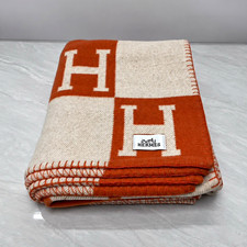 Hermès Avalon H Logo Sofa Throw Blanket Orange/Beige 100% Cashmere Reversible picture