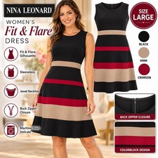 Nina Leonard Women's Dress Large Black Mink Crimson Colorblock Fit & Flare picture