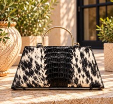 Genuine Cowhide Top Handle Bag, Black & White Hair on Hide Purse, Croc Embossed  picture