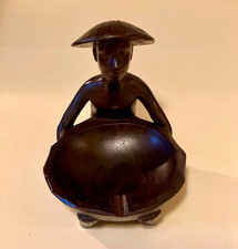 Vintage Hand Carved Wood Seated Man Coolie Hat Ashtray Catchall Bowl picture