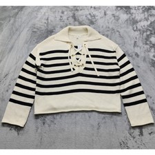 NEW Maurices Sweater Womens M Cream Black Striped Lace Up Collared Pullover picture