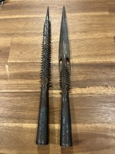 ANTIQUE African Barbed Iron Spearheads. Intricate design work and SUPER sharp picture