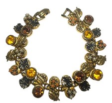 Vintage Art Arthur Pepper Fleur De Lis Amber Crystal Fleur De Lis Bracelet 7” picture