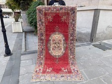 Vintage Guney Turkish Rug 3.3x6.6 ft Red Wool Oval Medallion Area Carpet picture