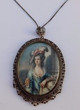 Antique Italian Filigree Portrait Pendant Necklace 800 Silver Hand Painted 1900s picture