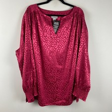 Catherines Satin Jacquard Peasant Blouse Size 3X Pink Animal Print Stretch picture