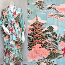 Vintage 50's Japanese Floral Pagoda Osaka Print Kimono Robe w/ Belt picture