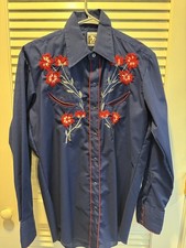 Vintage 70s Karman Western Shirt Blue Pearl Snap Embroidered Floral Mens L picture
