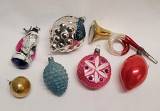 Vintage Glass Christmas Ornaments Lot of 7 Horn, Santa, Grapes, Flower Indent picture