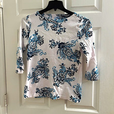 Croft & Barrow Women's XS Paisley Knit Top White/Blue/Black Scoop Neck 3/4 picture