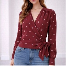 J.Crew Women’s Small Burgundy Printed Wrap Blouse Tie Waist Long Sleeve picture