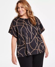 Anne Klein Plus Size Chain-Print Dolman-Sleeve Top Womens 3X Anne Black Pullover picture