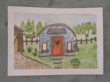 Cottage with Heart Door – Original 5x7 Watercolor & Ink Painting Whimsical Art picture