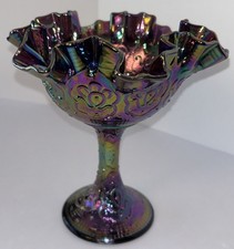Fenton Vtg Persian Medallion Purple Amethyst Ruffle Footed Bowl Bonbon Marked picture