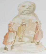 Vintage Die Cut Snowman with Pipe and 3 Ladies Shoveling Snow~ picture