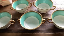 Antique Hutschenreuther Dresden Turquoise Gold Bouillon Cups Set 5 Dessert Bowls picture