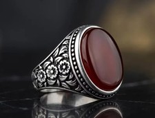 Men's Red Yemeni Aqeeq Ring 925 Sterling Silver Handmade Agate Statement Ring picture