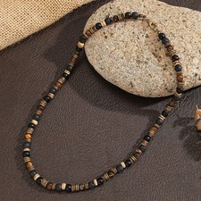 Mens Boho Necklace Tiger Eye Lava Stone Wood Beads Surfer Handmade Choker picture