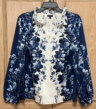 Talbots Top Blouse Women’s M Blue Exquisite Blooms Floral Poplin Ruffled V Neck picture